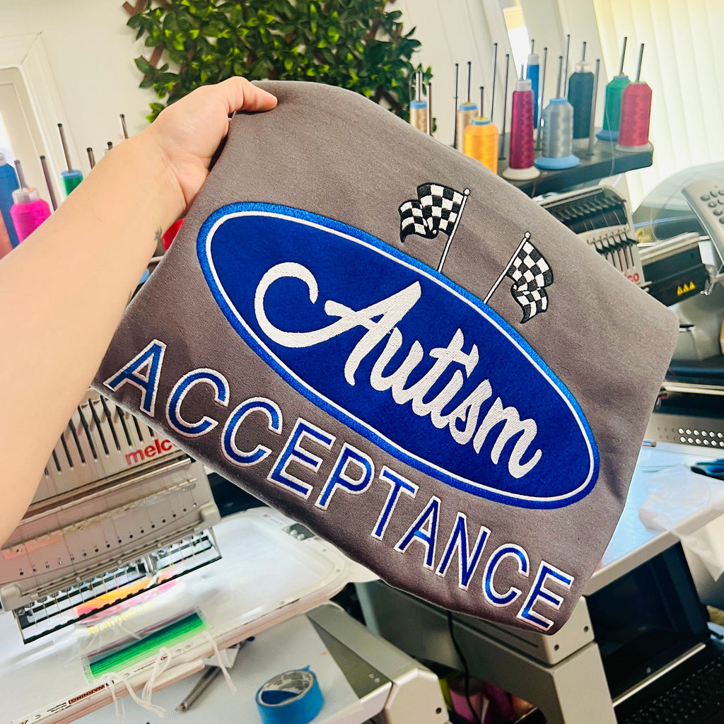 Autism Acceptance racetrack embroidered crewneck 🏁