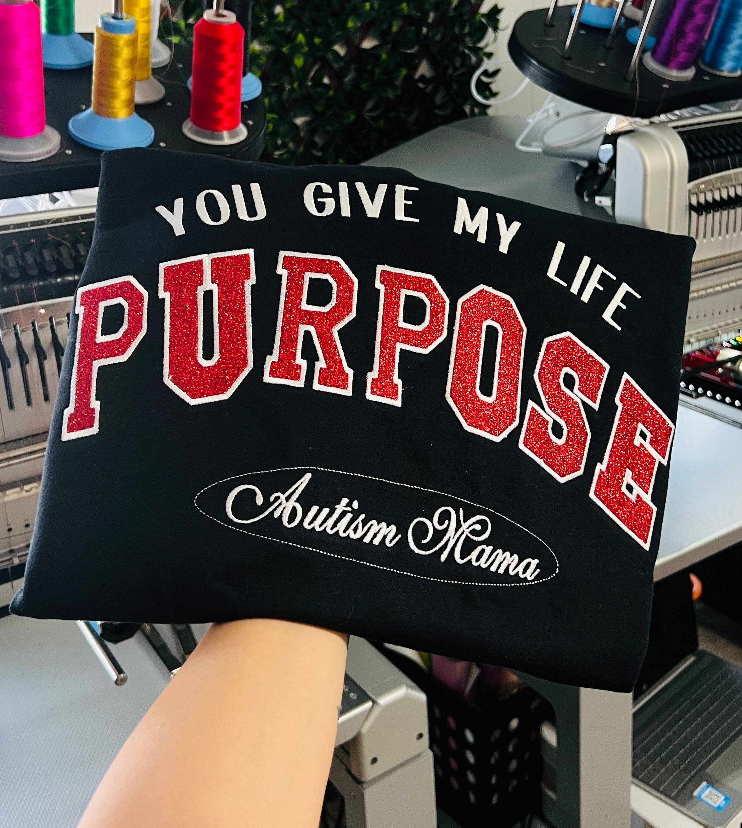 Purpose Autism Mama Glitter Crewneck