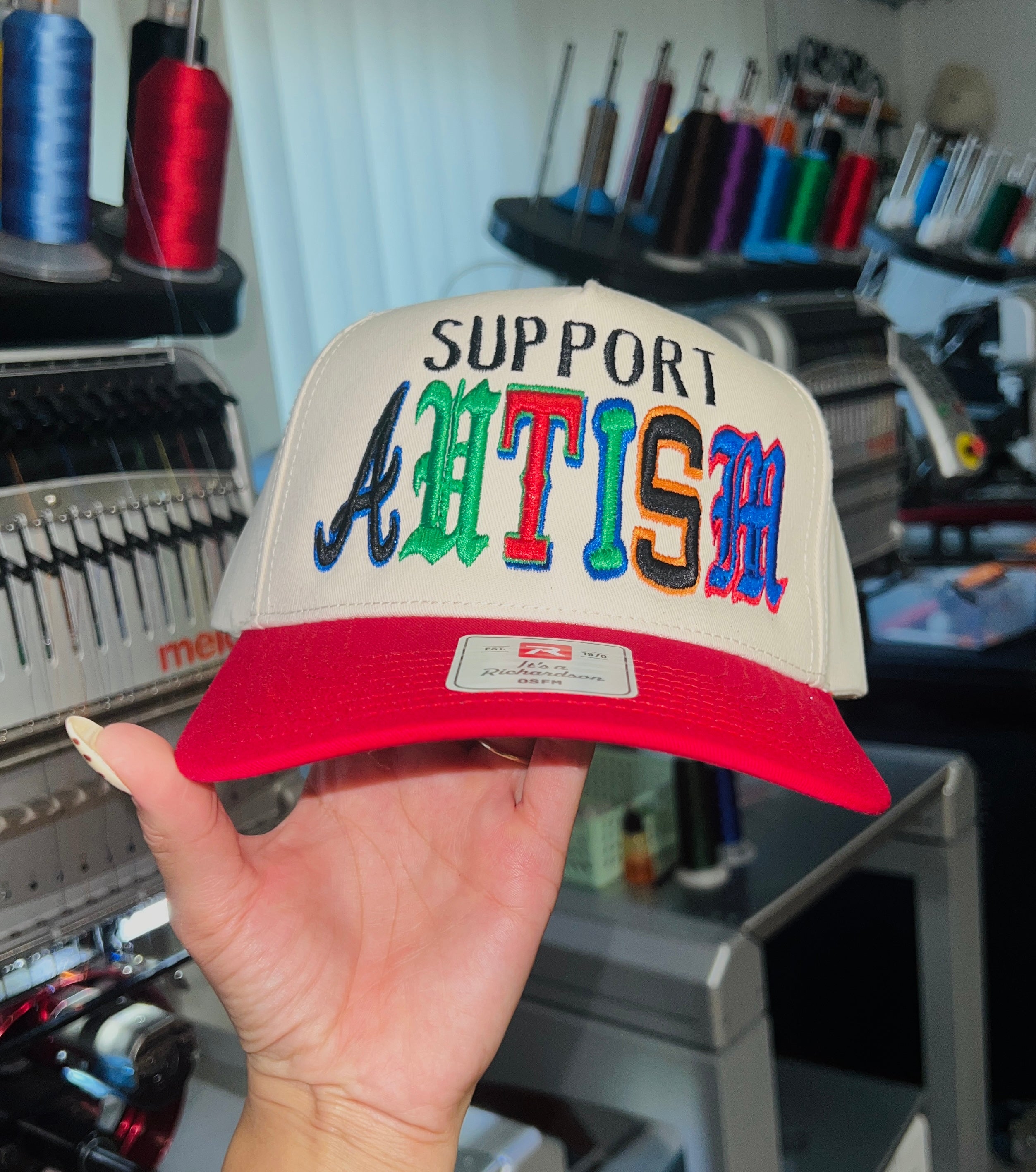 Support Autism puff embroidered trucker hat